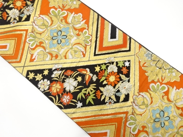 JAPANESE KIMONO / ANTIQUE FUKURO OBI / WOVEN FLOWER & BUTTERFLY